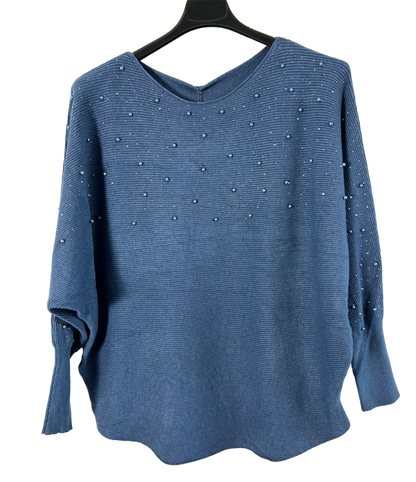 Autumn Pearl Sequin Design Batwing Sleeve Ribbed Knit Jumper in Denim