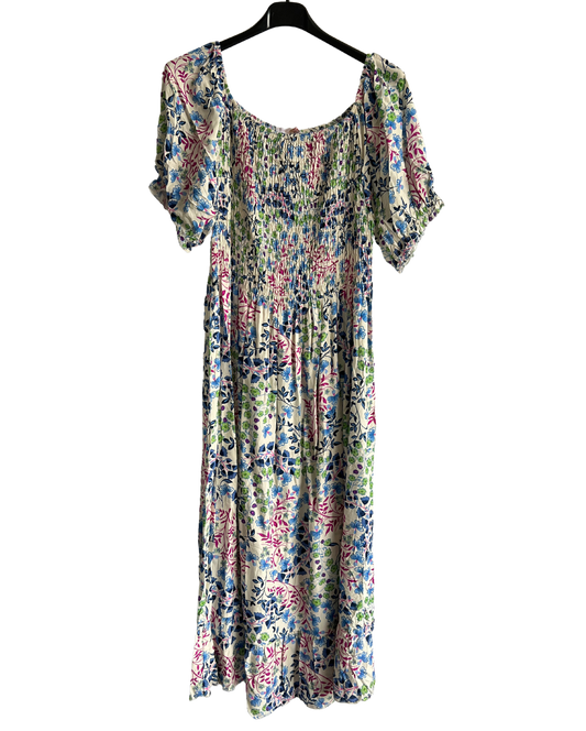 Flower Print Design Long Summer Dress in Blue/Green/Purple