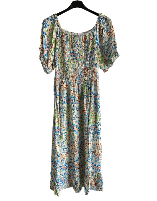 Flower Print Design Long Summer Dress in Blue/Green/Brown