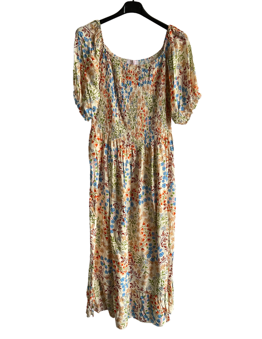 Flower Print Design Long Summer Dress in Blue/Rust/Brown