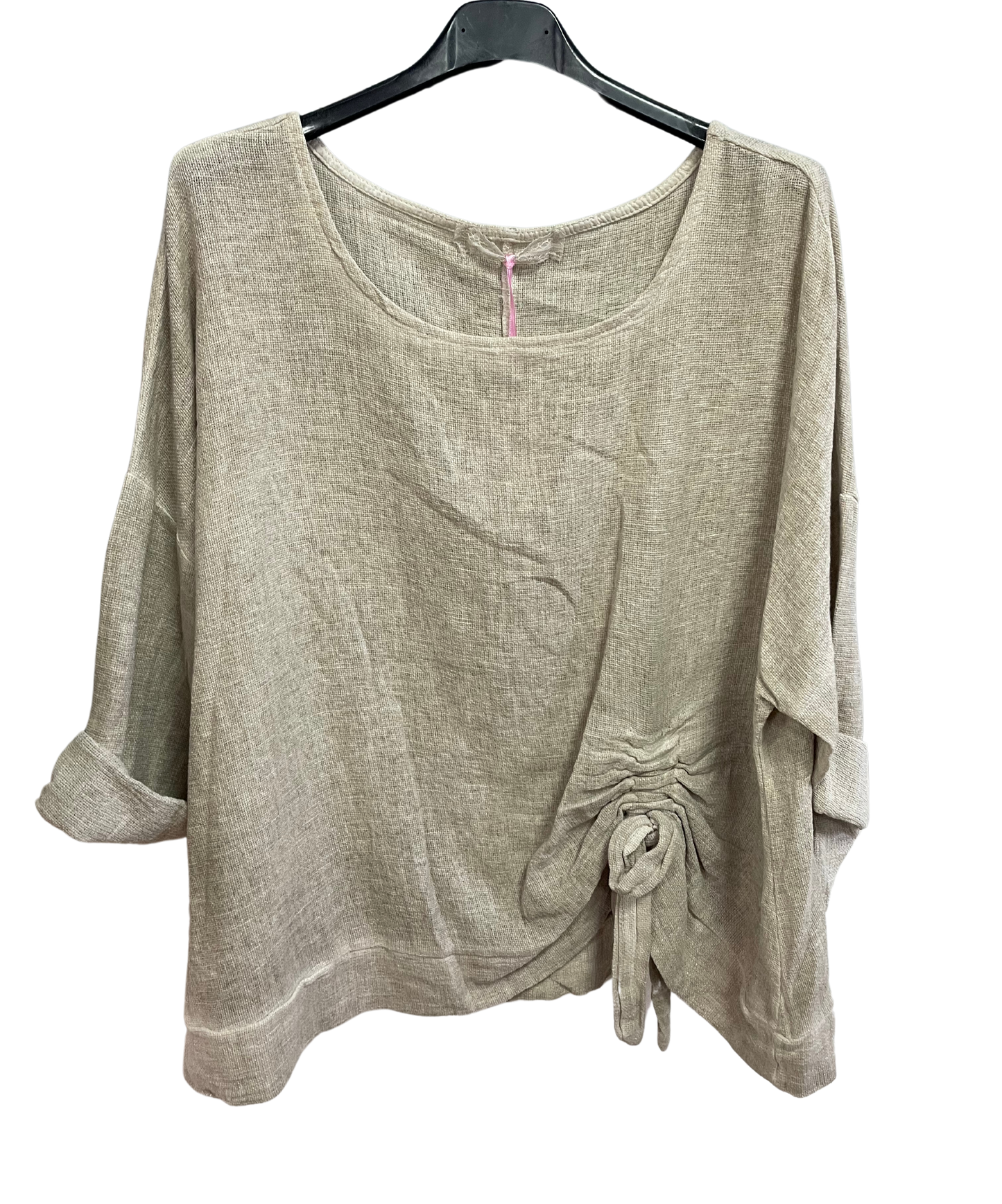 Summer Lagenlook Italian Scoop Neck Ruched Linen Top in Beige