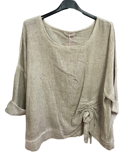 Summer Lagenlook Italian Scoop Neck Ruched Linen Top in Beige