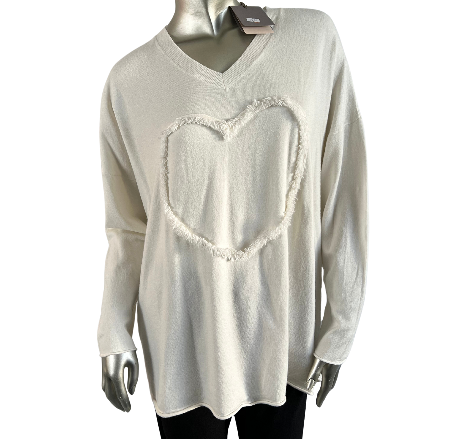 Soft Knit Embossed Heart Design V-Neck Jumper in Off-White Cream