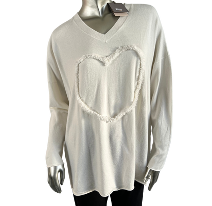 Soft Knit Embossed Heart Design V-Neck Jumper in Off-White Cream