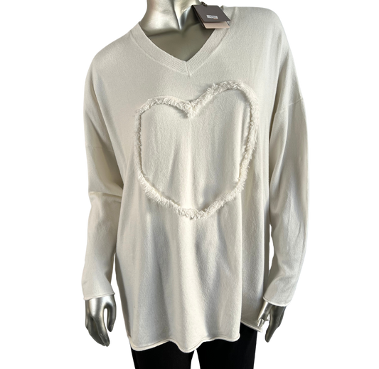 Soft Knit Embossed Heart Design V-Neck Jumper in Off-White Cream