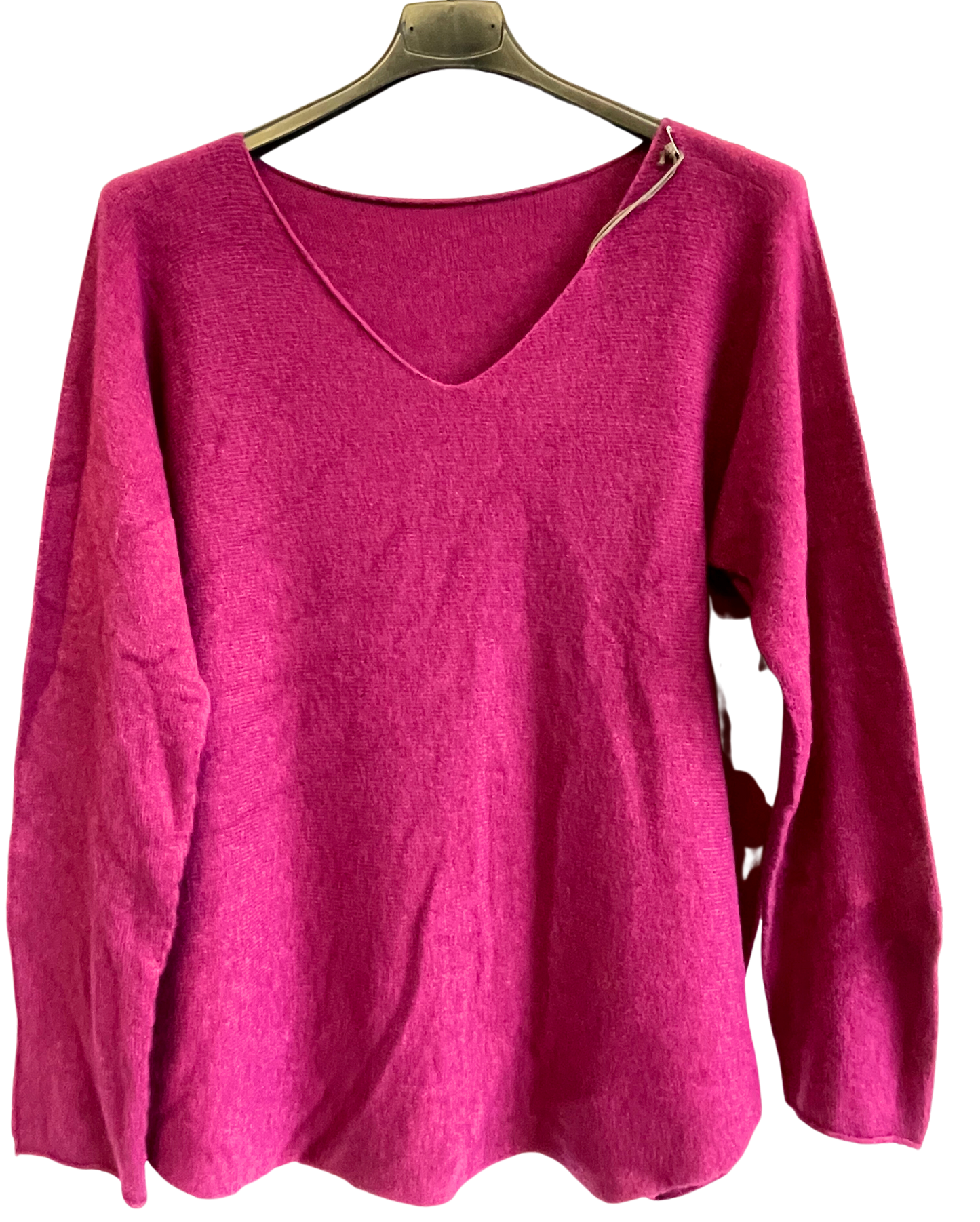 Soft Knit V-Neck Curved Hem Jumper in Magenta