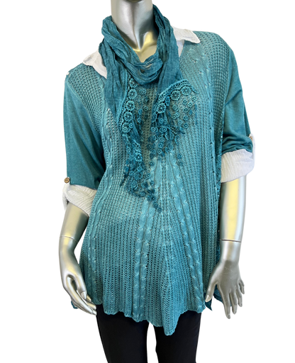 3 Piece Cotton Shirt with Knitted Overtop Tunic and Scarf in Teal