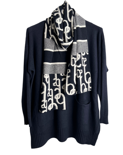 Knitted Long Sleeved Matching Jumper and Scarf Set in Navy