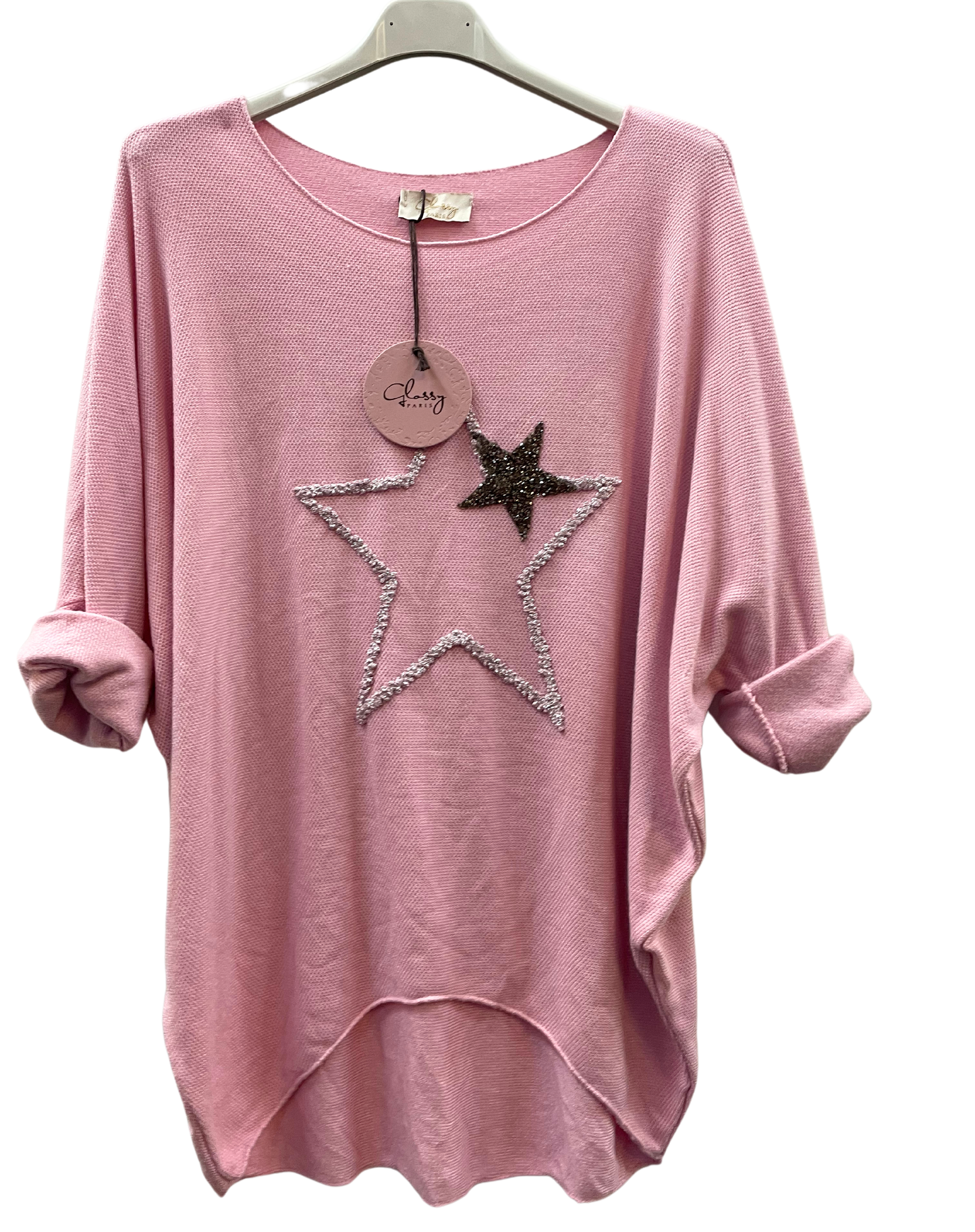 Soft Knit Curved Hem Sparkle Star Design Jumper Top in Pink