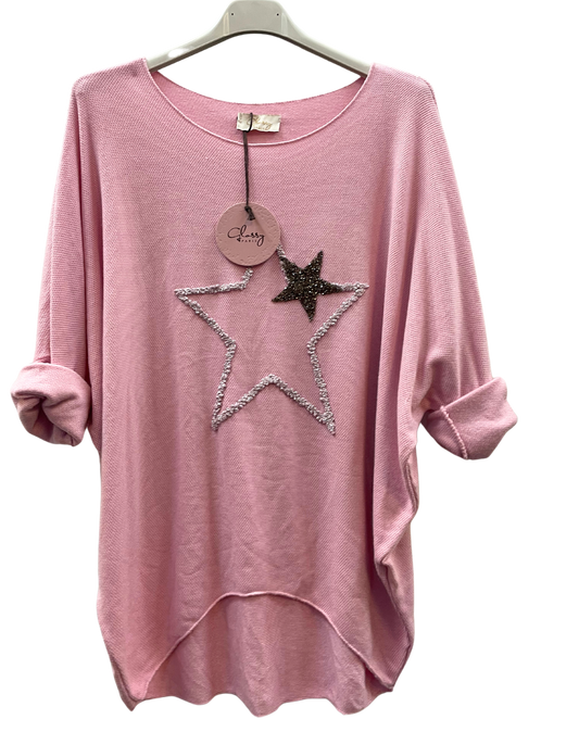 Soft Knit Curved Hem Sparkle Star Design Jumper Top in Pink