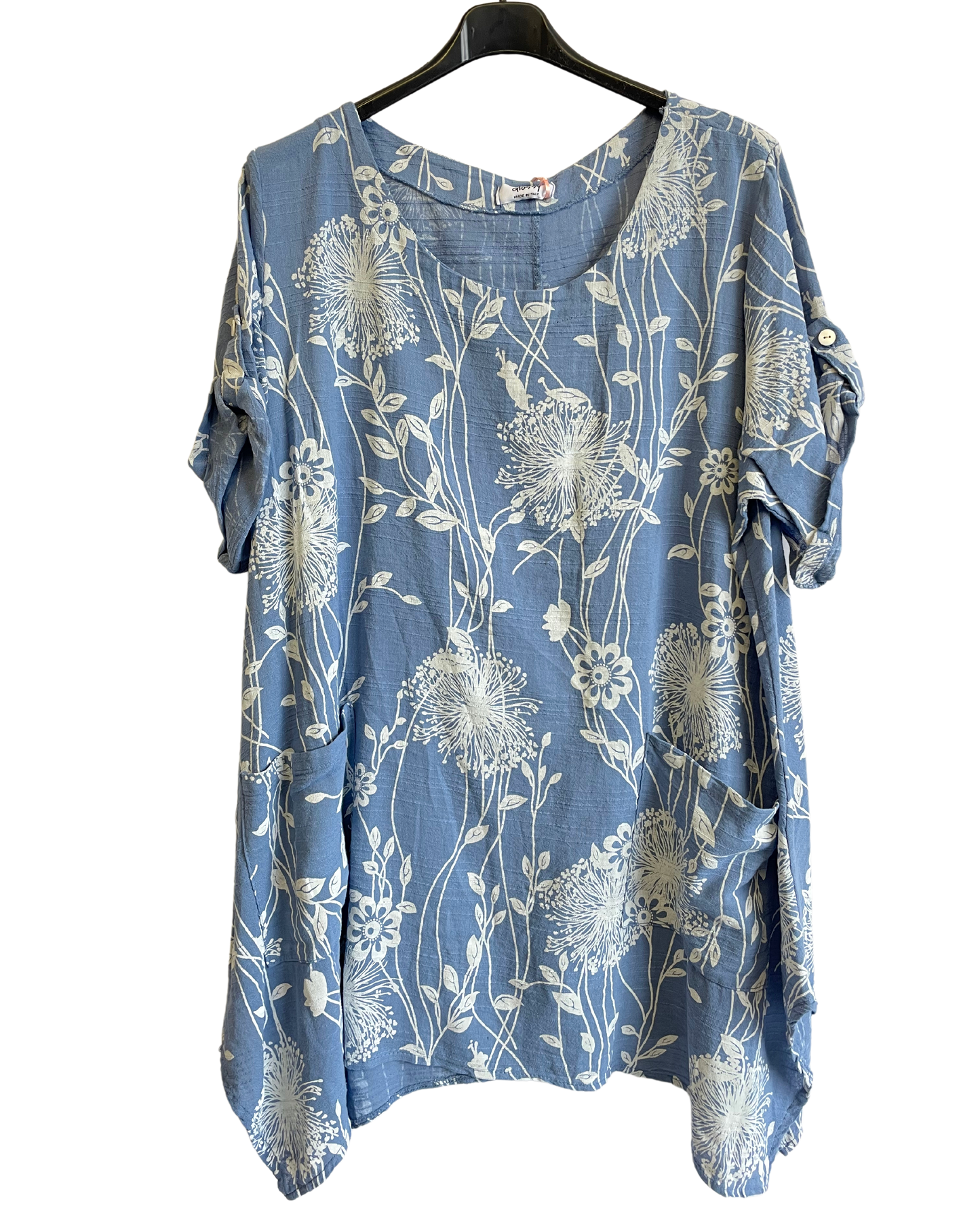 Lightweight Oversized 2 Pocket Floral Cotton & Linen Top in Denim