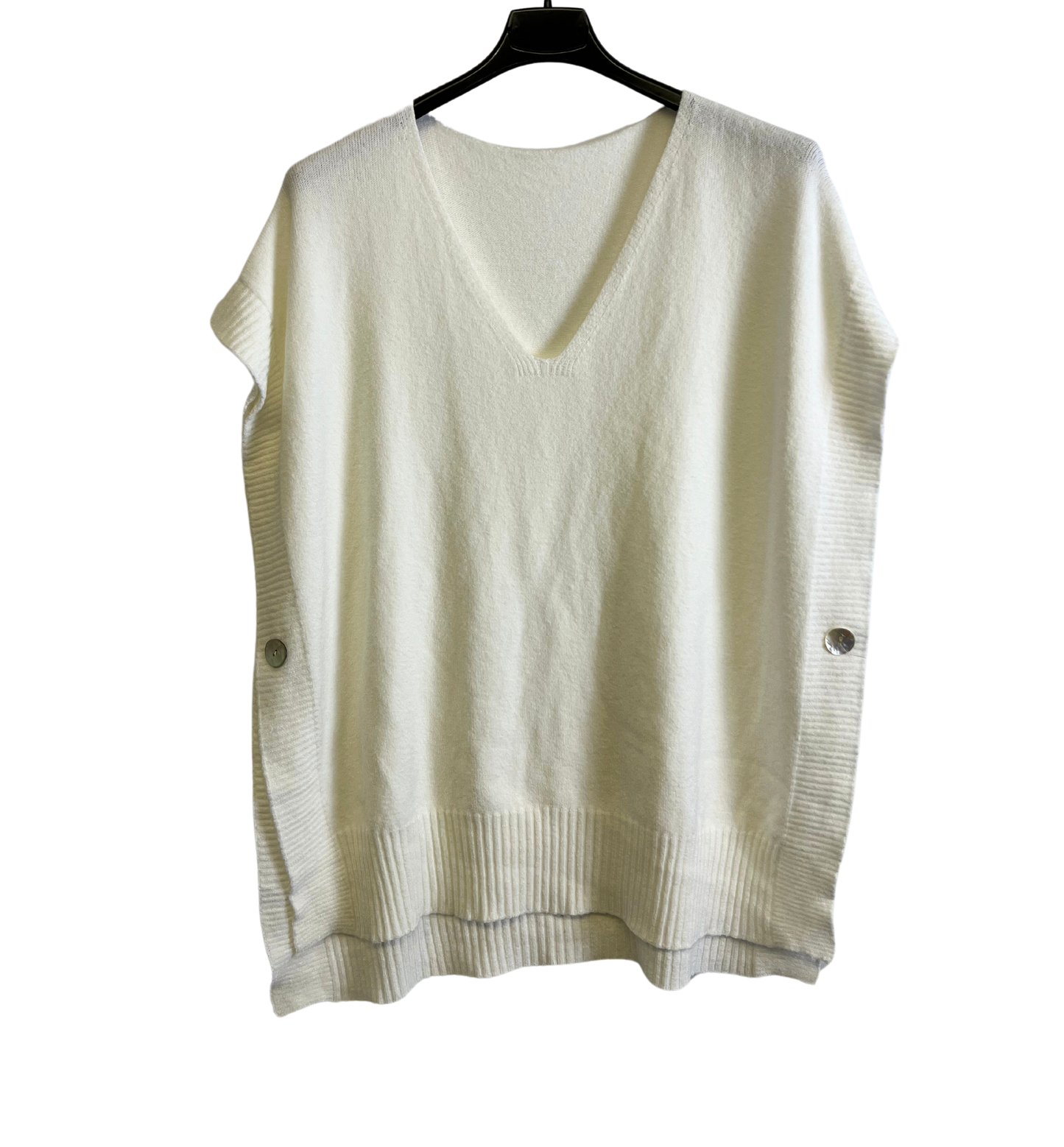 Soft Knitted Sleeveless Button Design V Neck Tank Top in Off White Cream