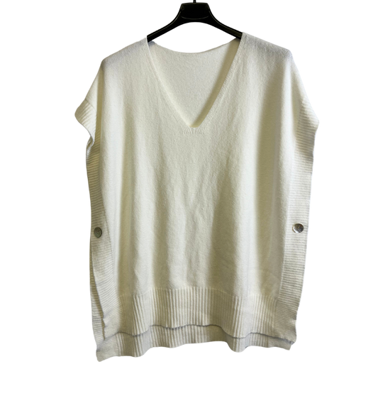 Soft Knitted Sleeveless Button Design V Neck Tank Top in Off White Cream