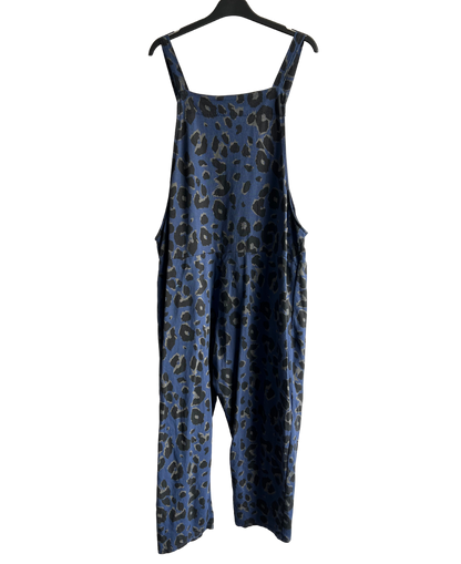 2 Pocket Animal Leopard Print Summer Dungarees In Navy