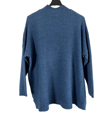 Knitted Italian Ribbed High Neck Long Sleeve Jumper in Denim