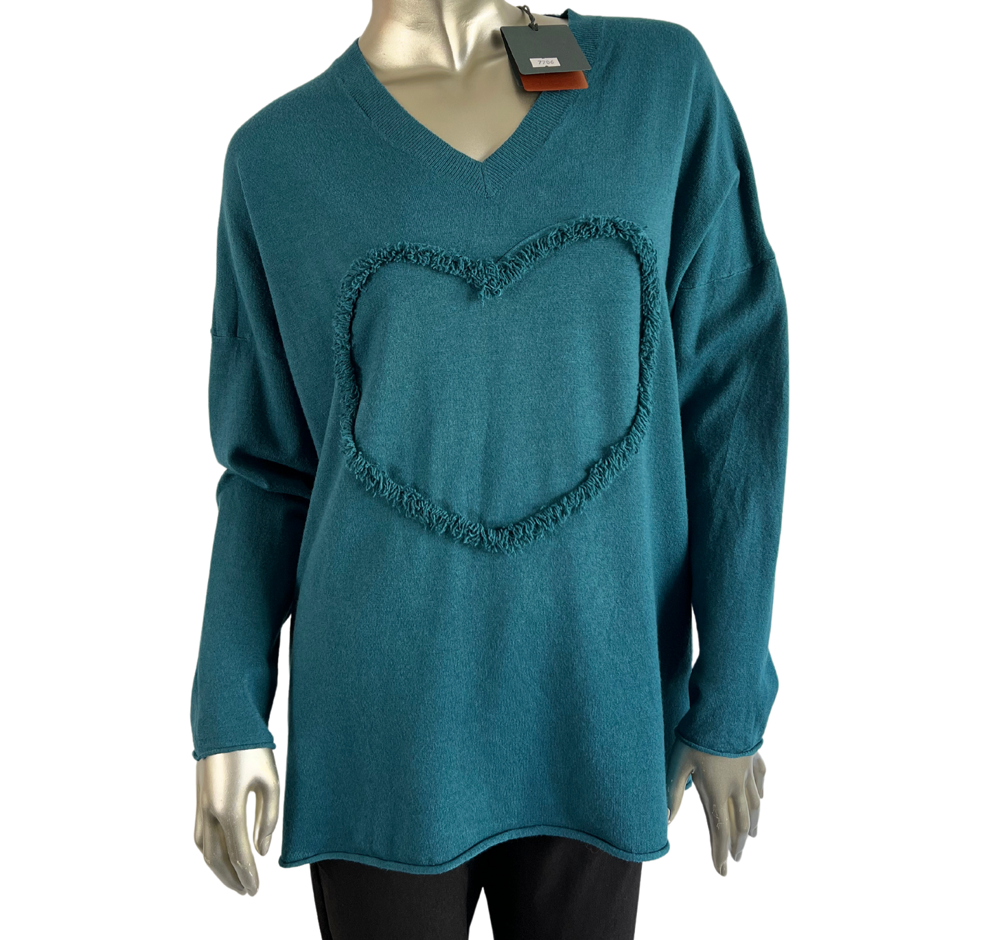 Soft Knit Embossed Heart Design V-Neck Jumper in Teal