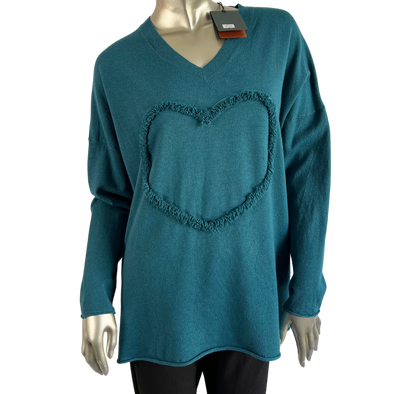 Soft Knit Embossed Heart Design V-Neck Jumper in Teal