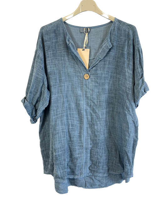 Oversized Cotton & Linen Blend One Button Top in Blue