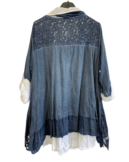 3 Piece Cotton Shirt with Knitted Overtop Tunic and Scarf in Navy