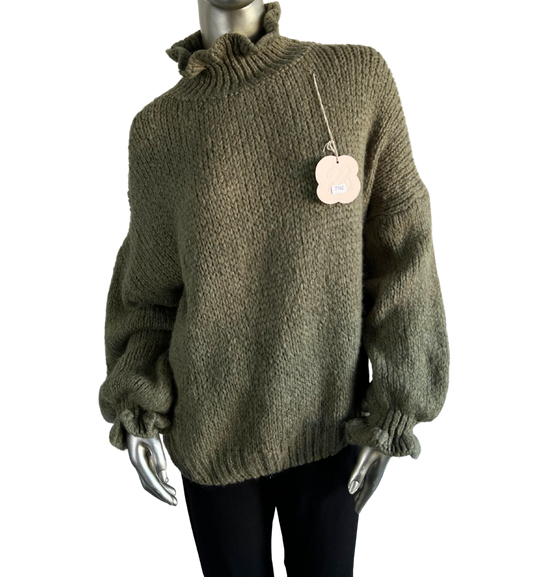 High Neck Frill Ruffled Neck and Hem Chunky Knit Jumper in Khaki