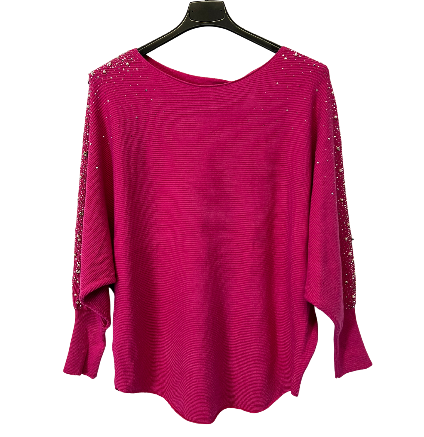 Pearl Diamante Sparkly Batwing Sleeve Jumper in Fuchsia