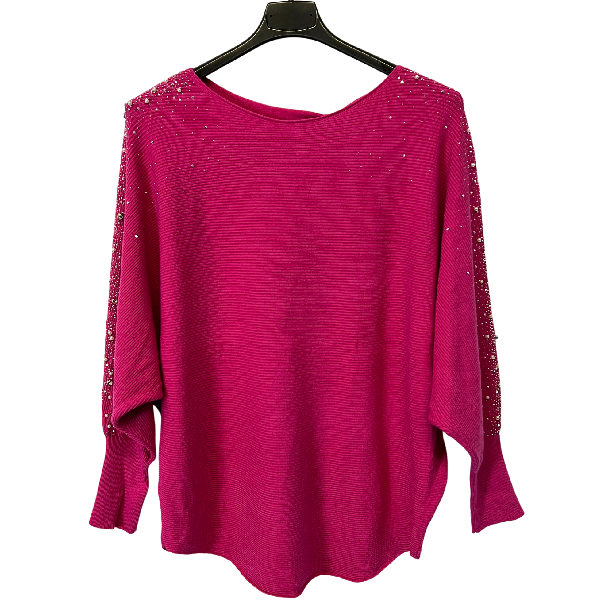 Pearl Diamante Sparkly Batwing Sleeve Jumper in Fuchsia AdornOutfit