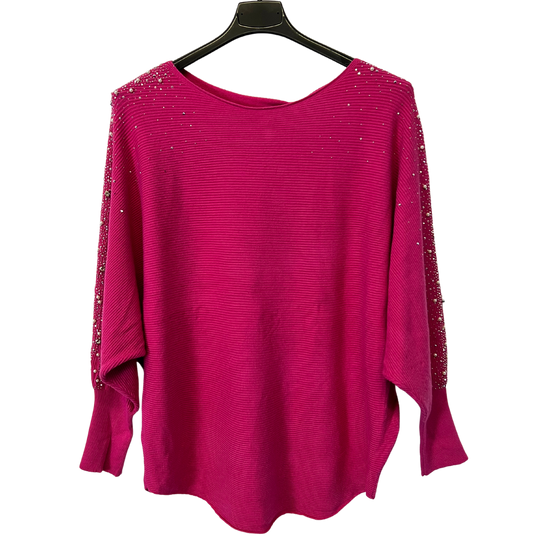 Pearl Diamante Sparkly Batwing Sleeve Jumper in Fuchsia