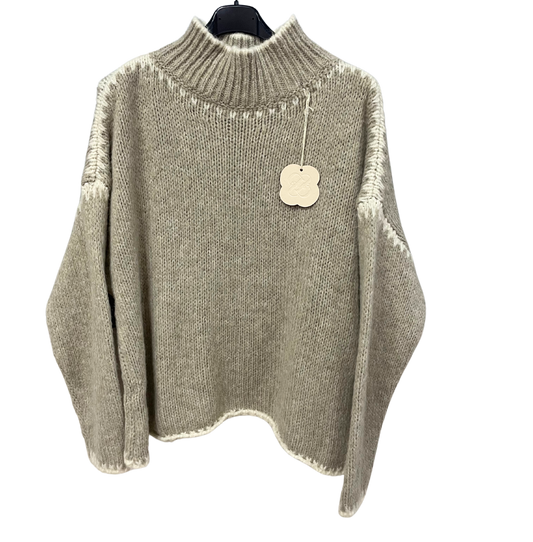 Soft Knitted Italian High Neck Jumper with Blanket Stitch Edging in Beige with Cream