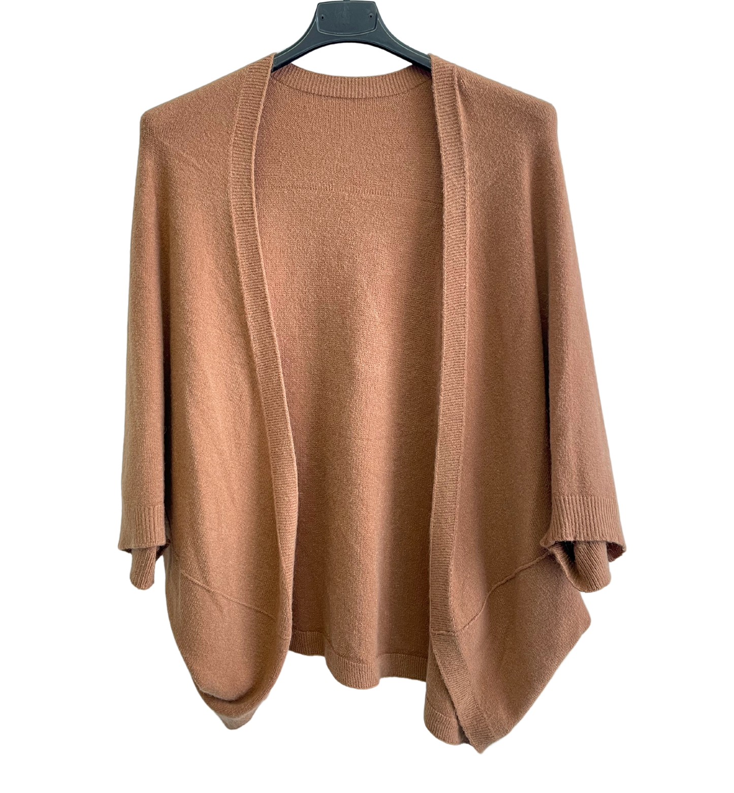 Lagenlook Soft Knit Open Front Short Cardigan in Camel