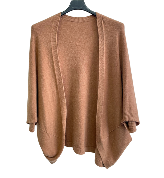 Lagenlook Soft Knit Open Front Short Cardigan in Camel