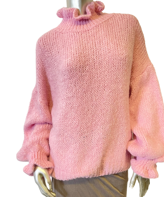 High Neck Frill Ruffled Neck and Hem Chunky Knit Jumper in Pink