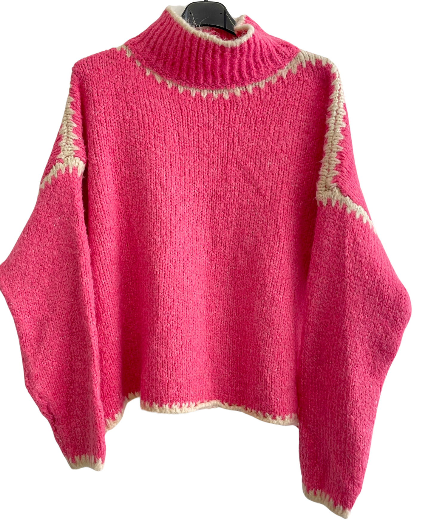 Soft Knitted Italian High Neck Jumper with Blanket Stitch Edging in Fuchsia