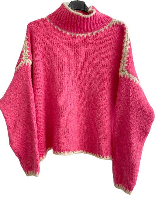 Soft Knitted Italian High Neck Jumper with Blanket Stitch Edging in Fuchsia