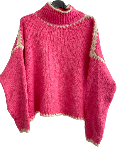 Soft Knitted Italian High Neck Jumper with Blanket Stitch Edging