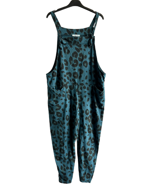 2 Pocket Animal Leopard Print Summer Dungarees In Teal