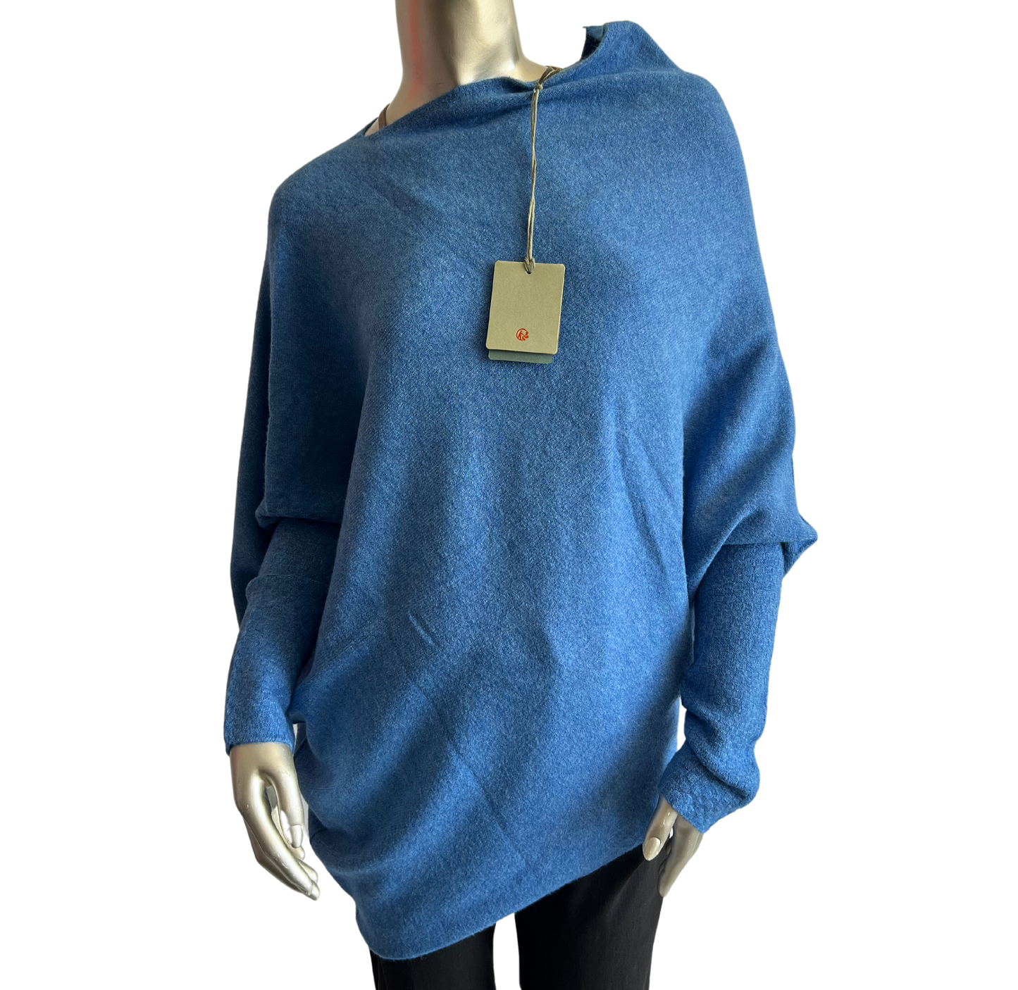 Asymmetric Draped Slouch Neck Soft Jumper with Long Fitted Sleeves in Blue