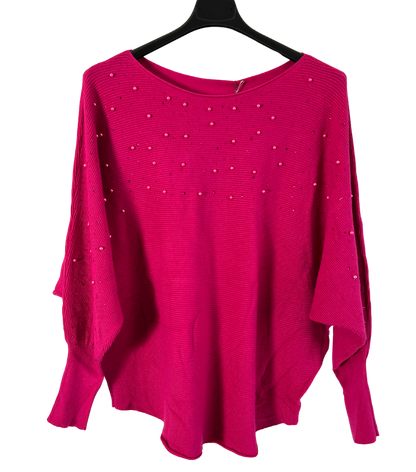 Autumn Pearl Sequin Design Batwing Sleeve Ribbed Knit Jumper in Fuchsia