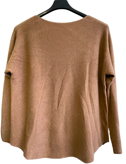 Soft Knit V-Neck Curved Hem Jumper in Camel