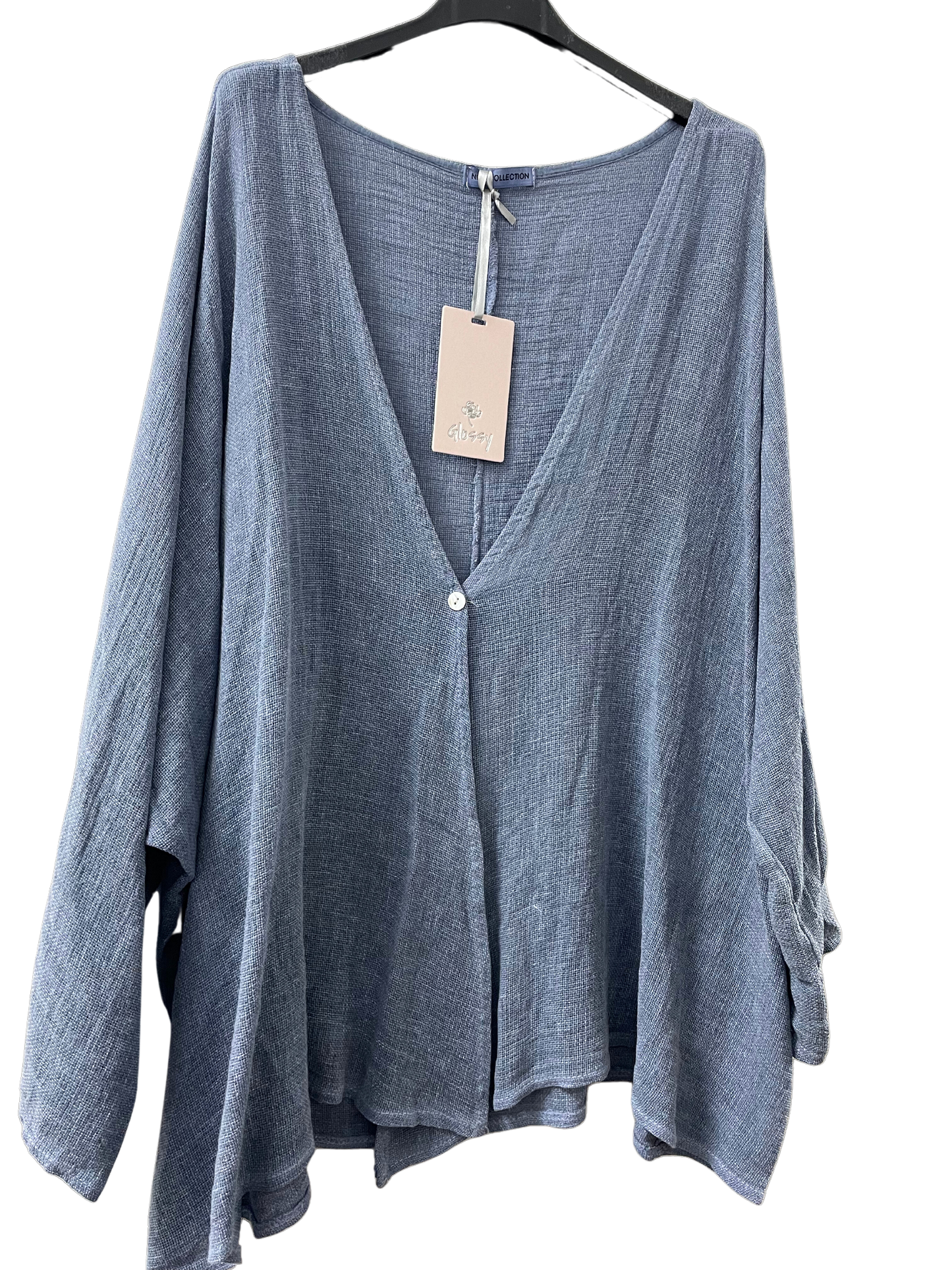 Overtop/Cardigan Layering Linen One Button Long Sleeve Top In Denim