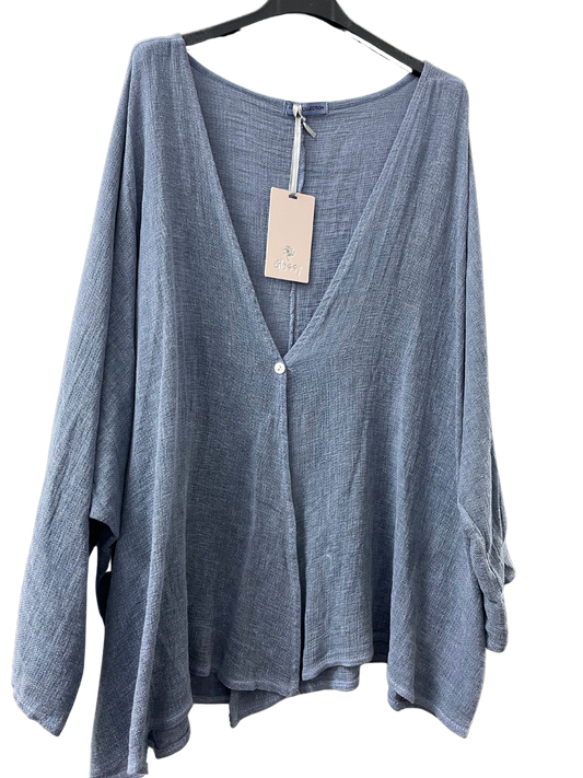 Overtop/Cardigan Layering Linen One Button Long Sleeve Top In Denim