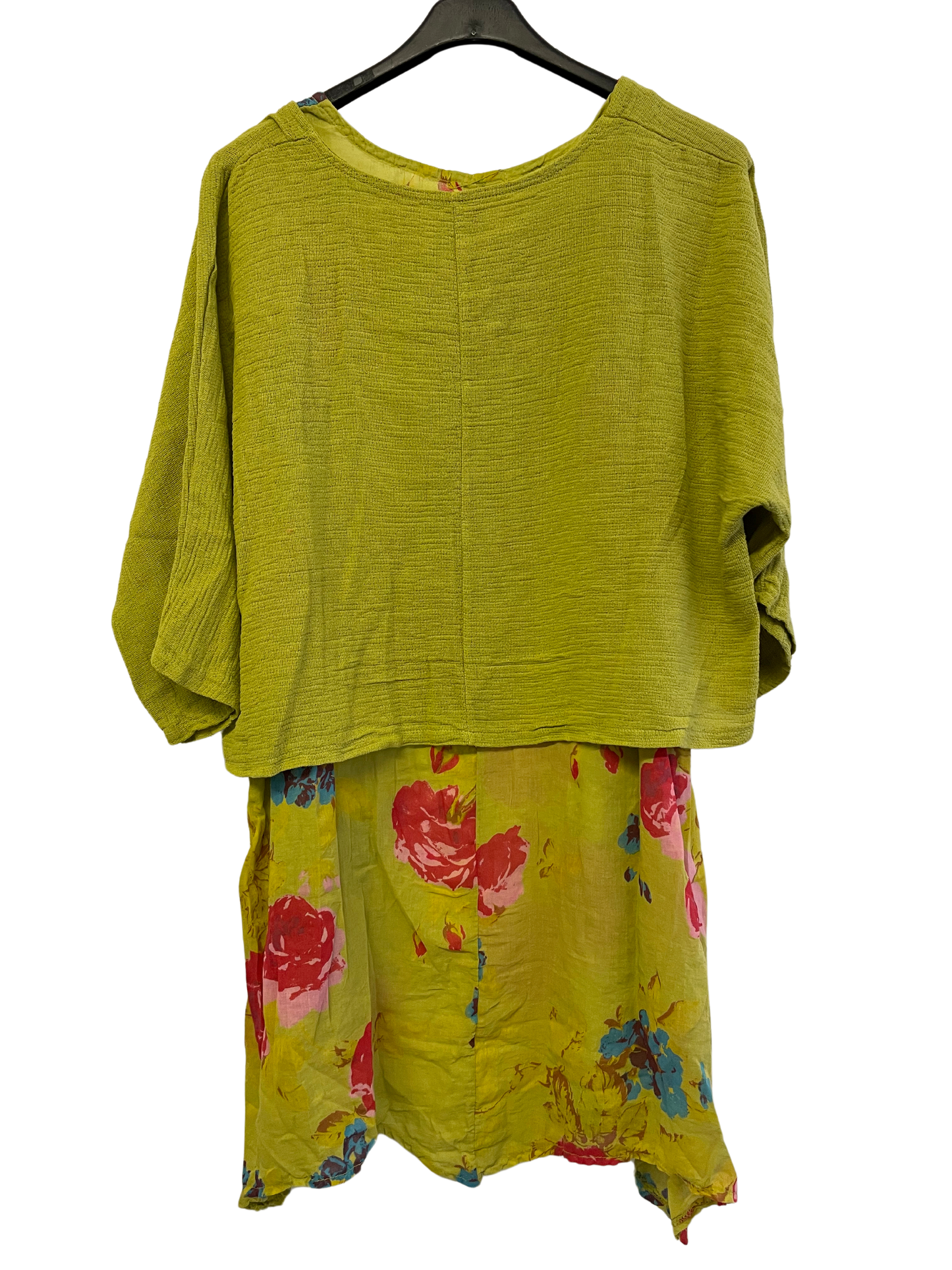 2 Piece Floral Dress Asymmetric Hem with Plain Top in Lime Green