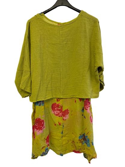 2 Piece Floral Dress Asymmetric Hem with Plain Top in Lime Green