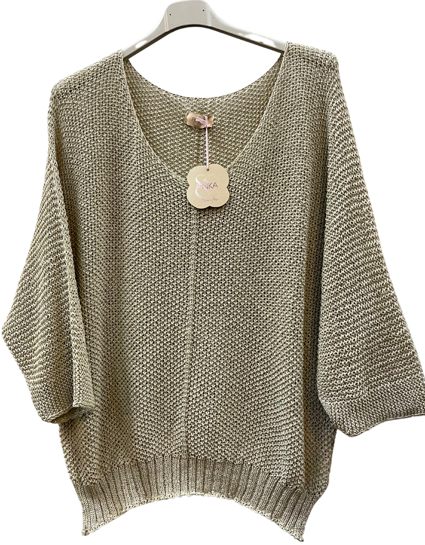 Oversized Lagenlook V Neck Knit Crochet Top in Beige