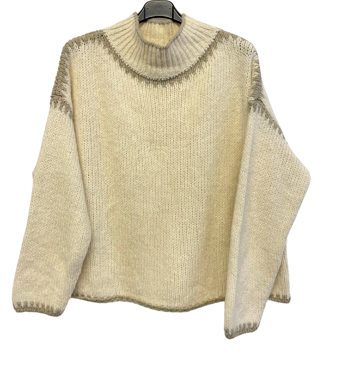 Soft Knitted Italian High Neck Jumper with Blanket Stitch Edging in Cream with Beige