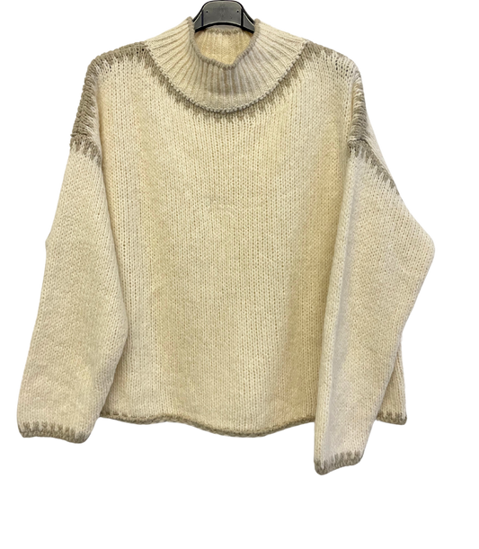 Soft Knitted Italian High Neck Jumper with Blanket Stitch Edging in Cream with Beige