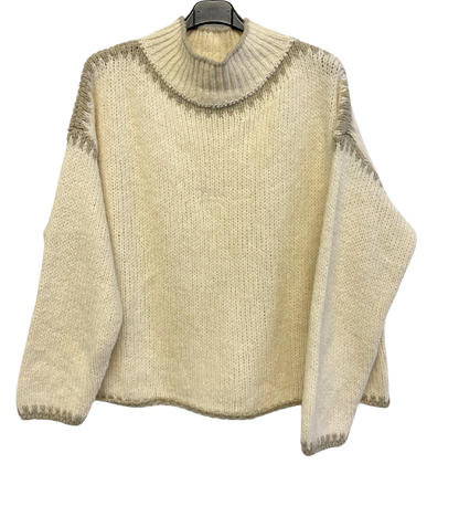 Soft Knitted Italian High Neck Jumper with Blanket Stitch Edging