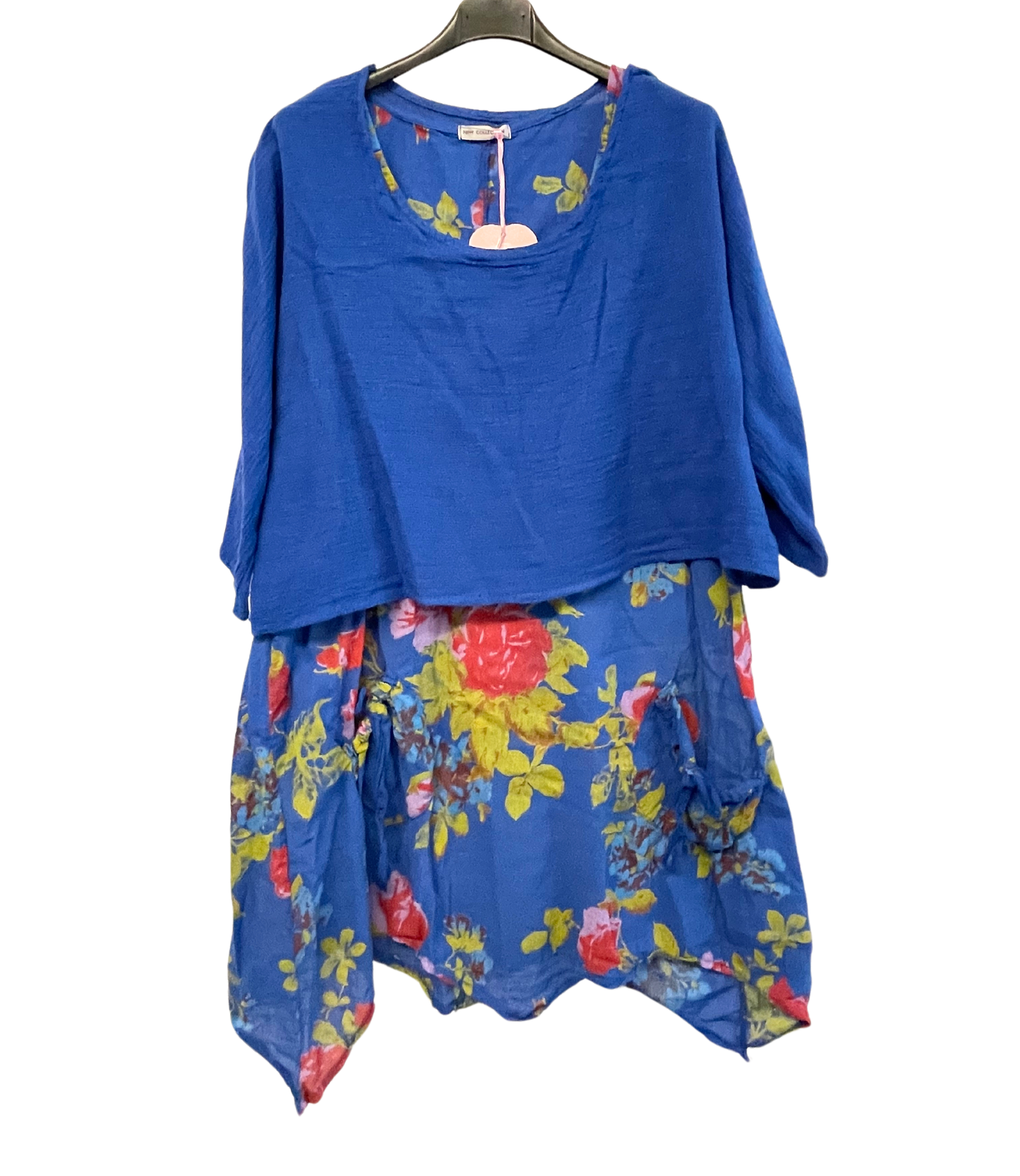 2 Piece Floral Dress Asymmetric Hem with Plain Top in Royal Blue