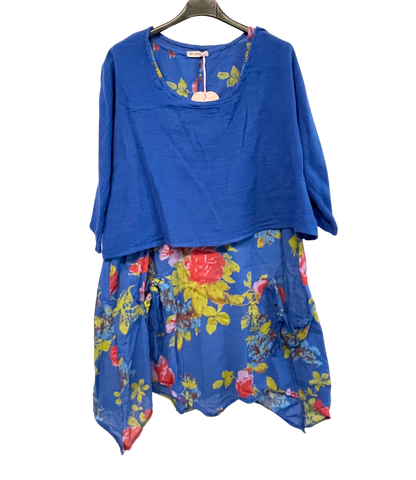 2 Piece Floral Dress Asymmetric Hem with Plain Top in Royal Blue