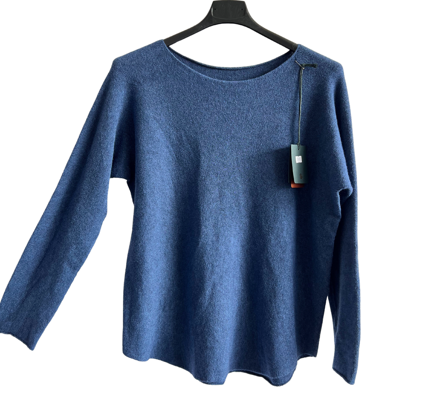 Soft Round Neck Jumper with Curved Hem In Darker Denim Blue