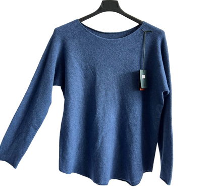 Soft Round Neck Jumper with Curved Hem In Darker Denim Blue